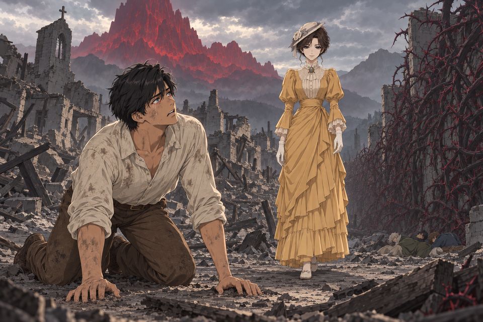 科尔杜村的废墟里，跪坐在地的卢米安仰望着那位神秘的女士一步步走近·同人示意图（AI生成，非官方）