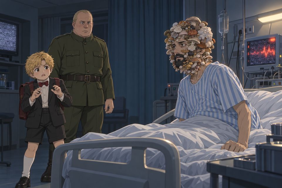 红月医院拉着窗帘的病房里，路德维希把双手按在安小天头上治疗，昏迷的安小天头部长满蘑菇，直直坐起，睁开幽黑沧桑而空洞的眼睛·同人示意图（AI生成，非官方）