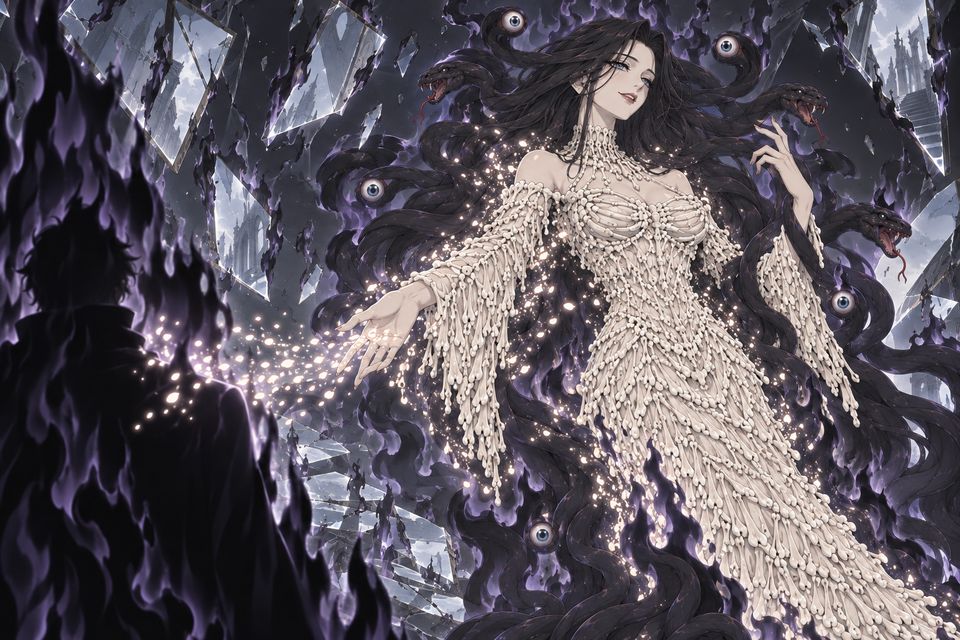 卢米安以诅咒自己左肩的奇克脸孔诅咒“原初魔女”，奇克被黑色“毁灭之火”点燃，认输并开始崩解融入他体内·同人示意图（AI生成，非官方）