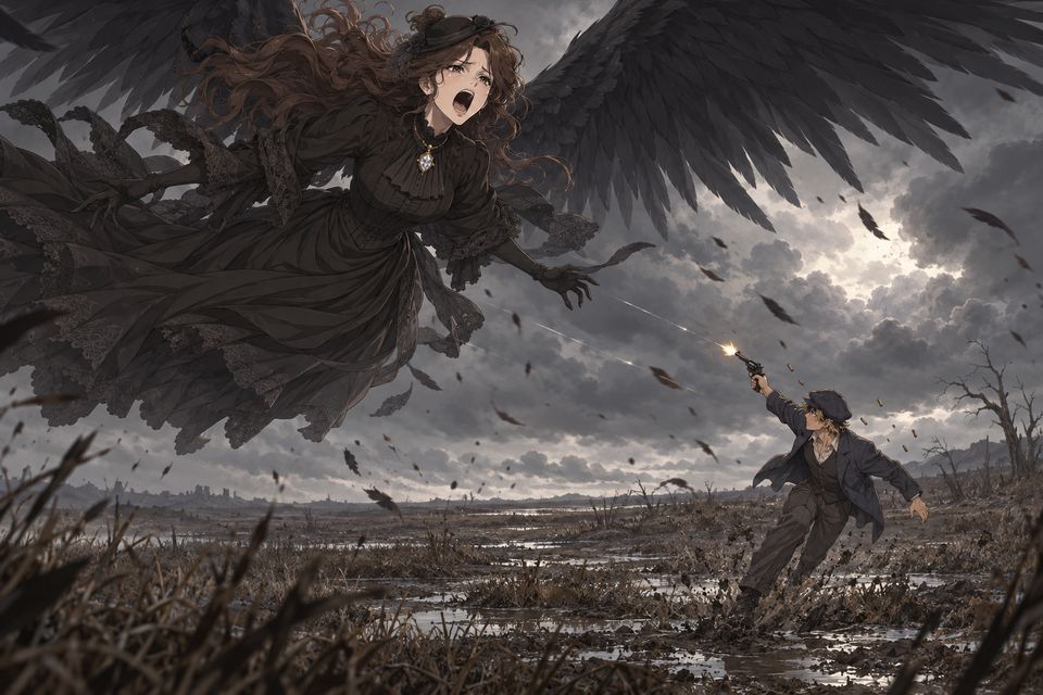 彼岸世界的荒野上,化为“女妖”的普阿利斯夫人张开羽翼飞在半空凄厉嚎叫,卢米安一边狂奔一边朝她开枪·同人示意图(AI生成,非官方)