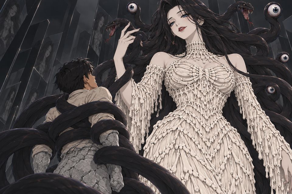 特殊镜中世界深处,十几米高的“原初魔女”奇克用蟒蛇般粗的黑发缠住卢米安,在祂的凝视下,他的身体染上灰白,渐渐化为石像·同人示意图(AI生成,非官方)
