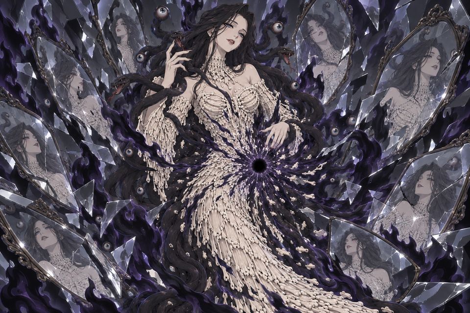 被黑色“毁灭之火”点燃的“原初魔女”奇克,身体连同周围所有镜子替身一起塌陷进一个幽深的黑点,特殊镜中世界燃起黑焰·同人示意图(AI生成,非官方)