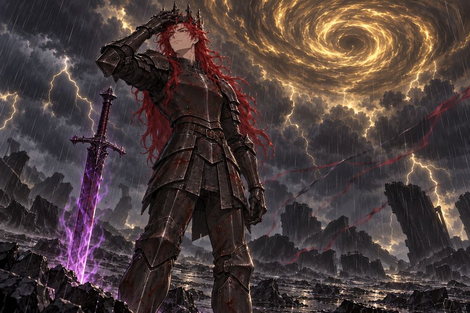 征服者陨落后,梅迪奇站在荒野的暴雨中,把残破颅骨化成的染血铁冠按入眉心·同人示意图(AI生成,非官方)