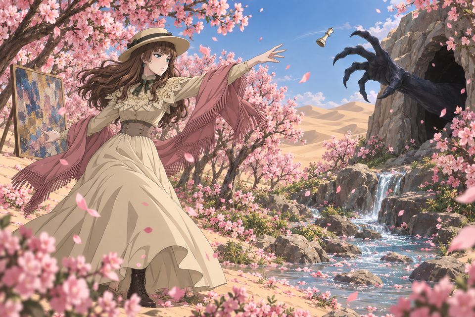 浩瀚沙漠中，佛尔思以“桃花的源头”隔开从“恶魔油画”中探出的青黑手掌，掷出罗塞尔象棋的“皇后”棋·同人示意图（AI生成，非官方）