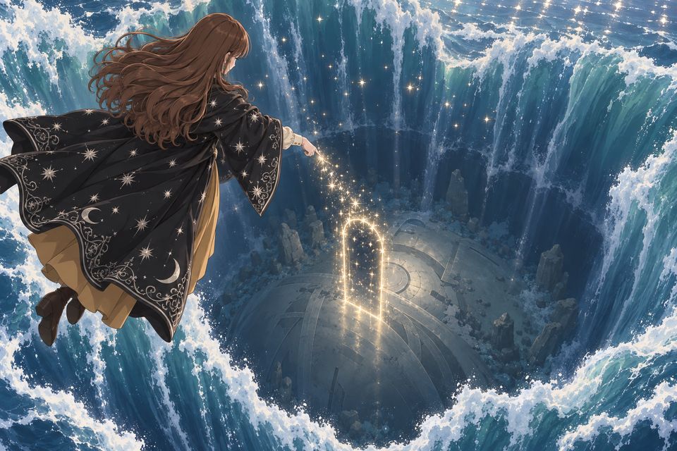 海水崩塌之际，“魔术师”女士在点点星光中现身，右手指向海底的银灰色庞然大物，星光化作虚幻大门融入其中·同人示意图（AI生成，非官方）
