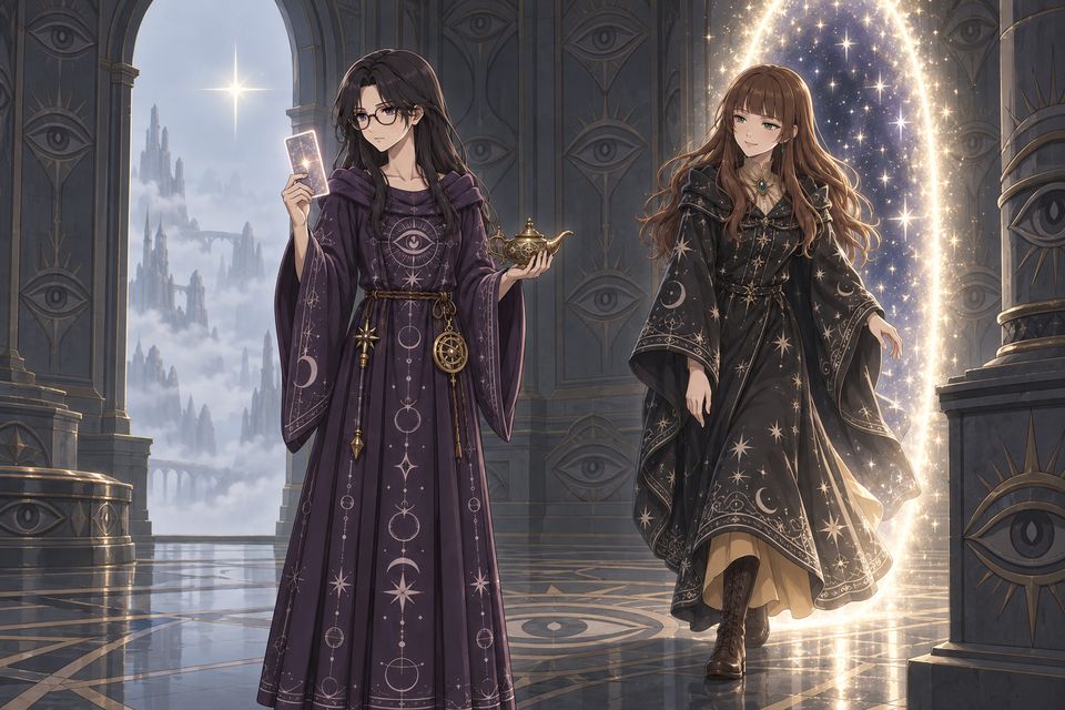 嘉德丽雅在巫师塔中拿出“隐者”牌,“魔术师”女士借她的神秘学联系强行定位,从白昼亮起的星星中走出,闯入“理想乡”·同人示意图(AI生成,非官方)