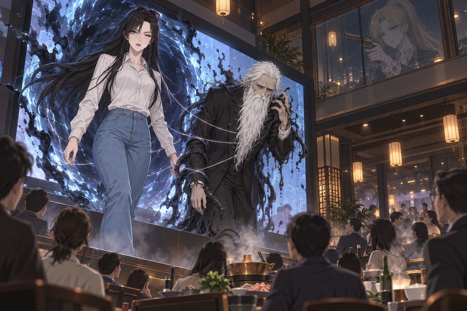 卢米安用蛛丝捆着查拉图斯特拉一起传送,从火锅店舞台的大屏幕表面穿出,二楼玻璃窗上隐现芙兰卡伸出的枪口·同人示意图(AI生成,非官方)