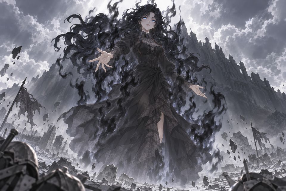 尸骸山峰前,原初魔女的一点力量神降于朱莉:她身影透明地浮上高空,黑发如粗长毒蛇,眼眸蔚蓝,浑身燃起黑色火焰,世界化为灰白·同人示意图(AI生成,非官方)