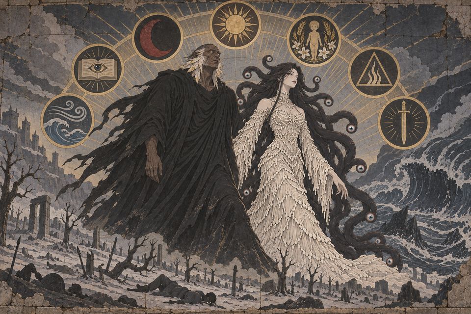 苍白之灾:发疯的死神带领原初魔女挑战七神,最终陨落于七神围攻之下(以壁画呈现)·同人示意图(AI生成,非官方)