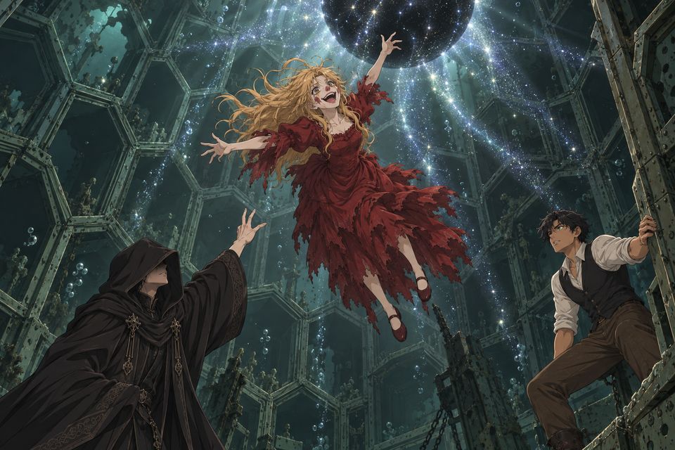 海底飞船的金属蜂巢舱房里，“疯女”正要窃取K先生的能力，却被吸力拉起，飞向抛洒星辉的异变源头，激动地喊那是孕育中的神灵·同人示意图（AI生成，非官方）