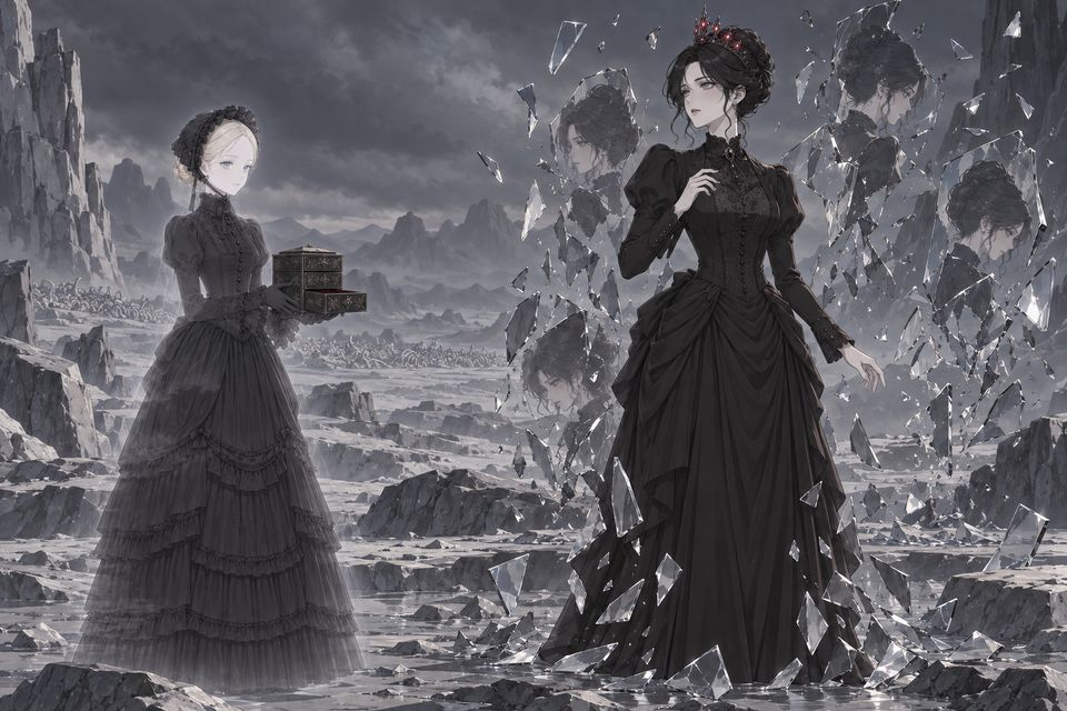 莎伦抽出“旧日之盒”第二层，把“黑之魔女”转移到冥界，黑之魔女与镜中之我刹那间死去·同人示意图（AI生成，非官方）