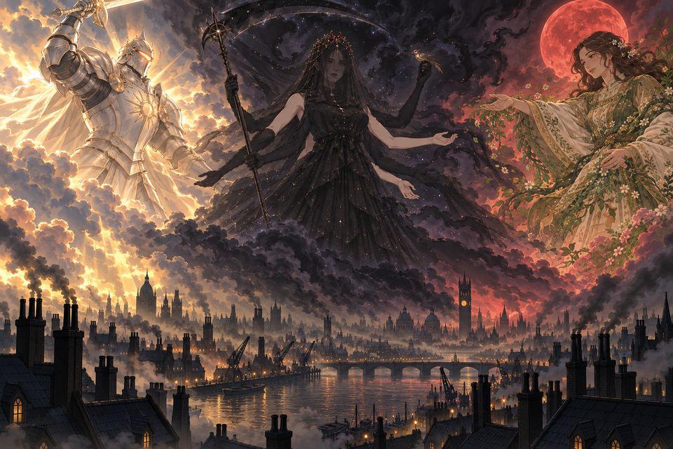贝克兰德高空的神战：战神与大地母神联手围攻黑夜女神，三位神灵的显现在城市上空交战（据伦纳德、嘉德丽雅等所述）·同人示意图（AI生成，非官方）