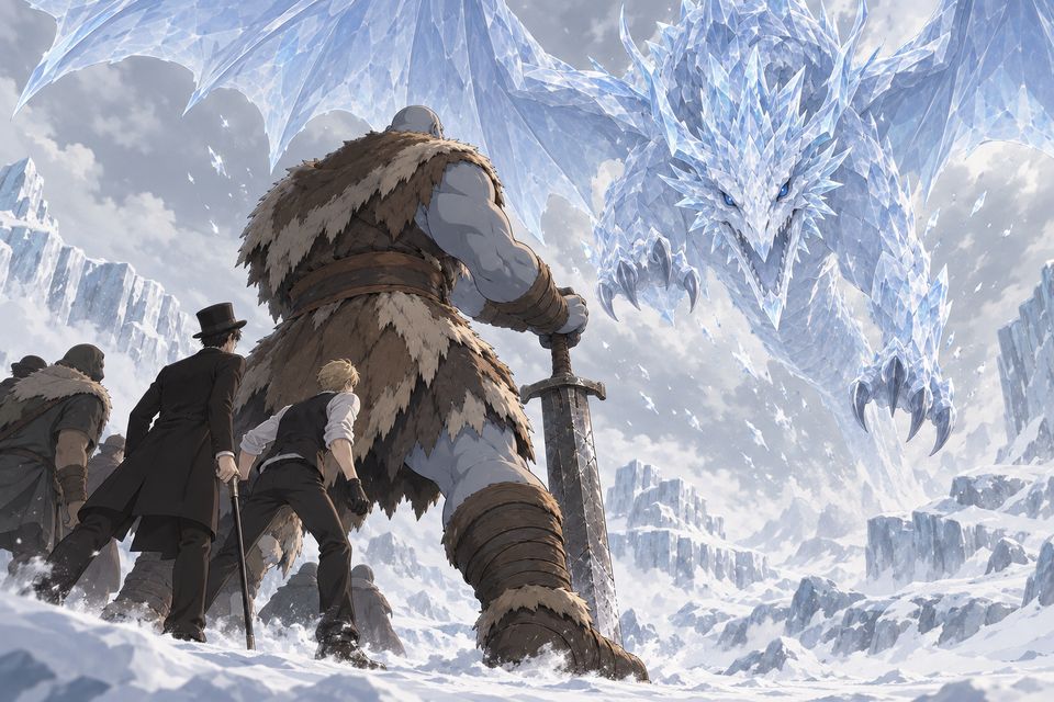 决战开始，“北方之王”尤里斯安俯冲而来，巨人格罗塞尔挡在它的俯冲路线上，站在最前面，把巨剑插在身前护住队友·同人示意图（AI生成，非官方）