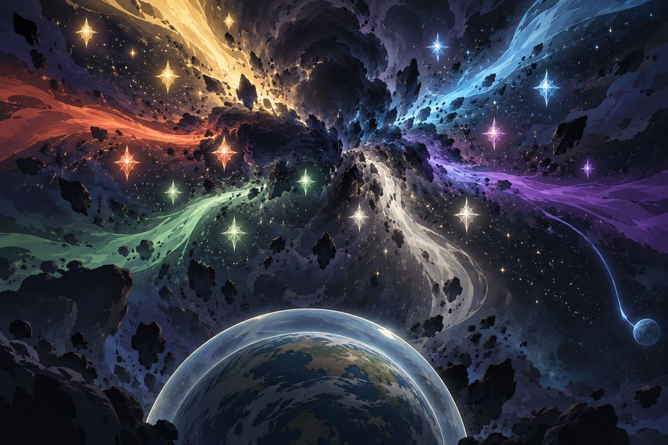 最初那位造物主醒来，旧时代毁灭，祂分裂出六种源质、十六份唯一性和十六条神之途径的非凡特性，又留下屏障保护人类的星球·同人示意图（AI生成，非官方）